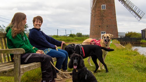 A staff member and volunteer with their dogs in front of Horsey Windpump